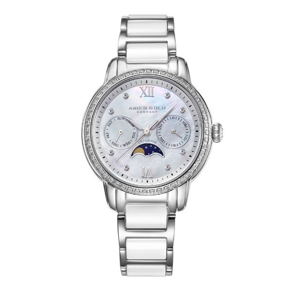 ARIES GOLD ENCHANT LUNA SILVER STAINLESS STEEL L 58010L S-MP WHITE CERAMIC WOMEN'S WATCH